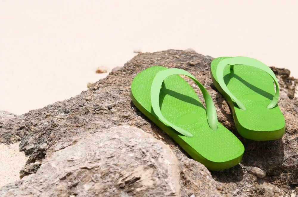 Flip — © green flip flops on a rock at the beach (copy-space available)