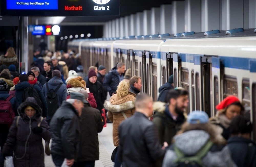 Menschen steigen auf einem Bahnsteig in München in eine U-Bahn. — © Alexander Heinl/Archiv